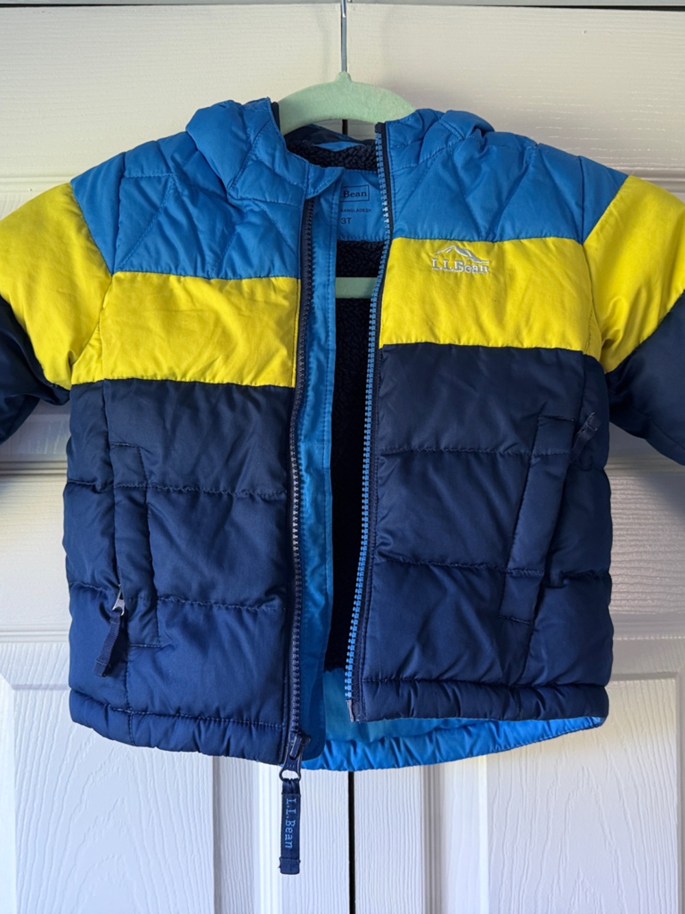 L.L. Bean Kids Colorblock Puffer Jacket - Navy, Bright Blue & Yellow